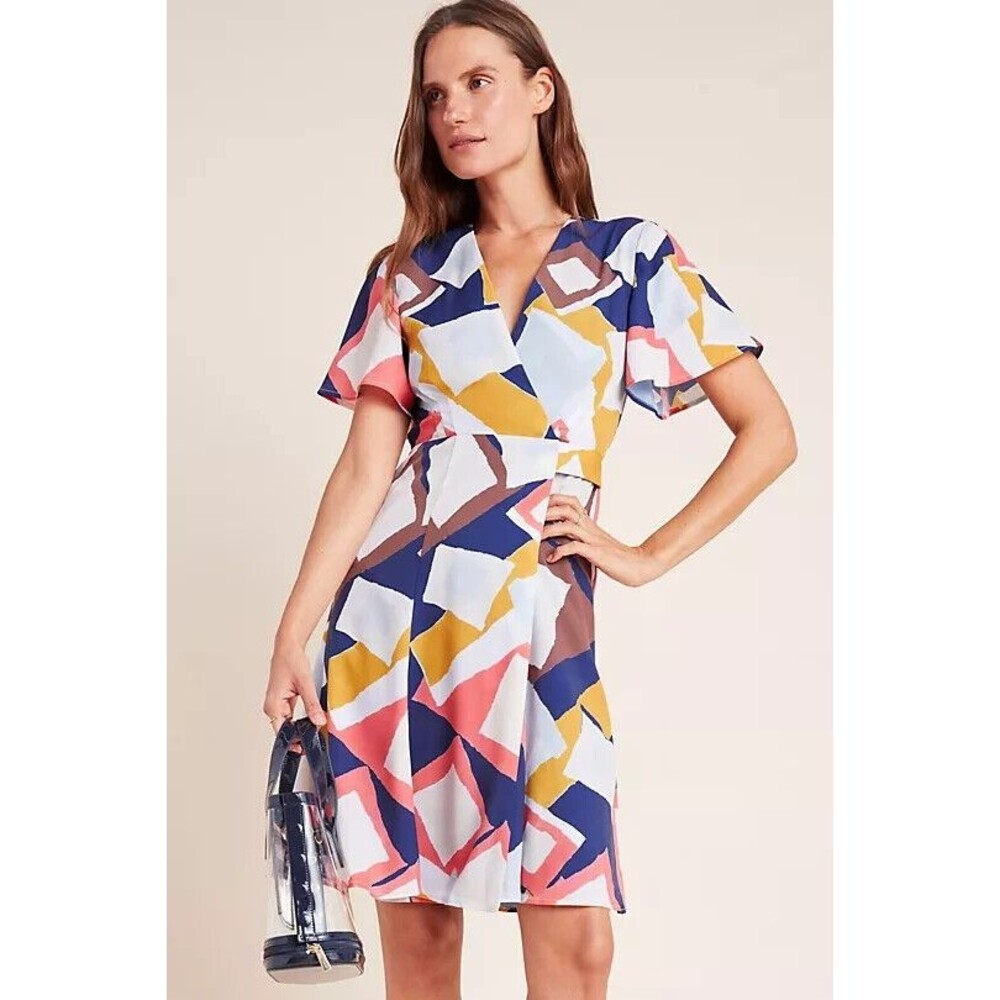 NWT Anthropologie Hutch Women's Blaise Wrap Dress Geometric Blue Large Petite